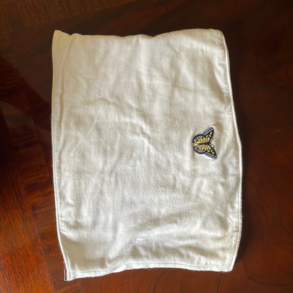White cropped Hollister tube top with light blue and yellow butterfly on front